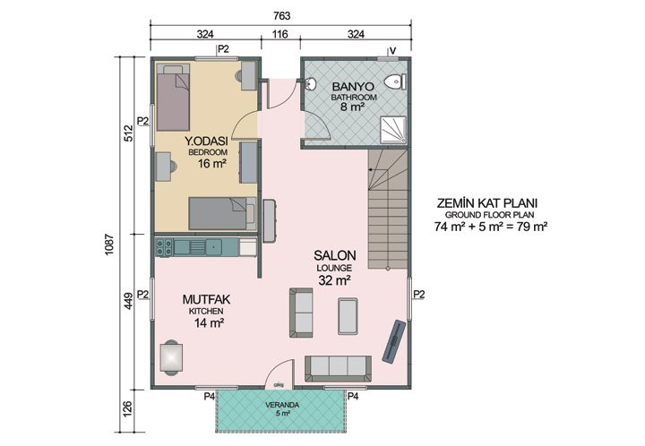 3+1 Çift Katlı Prefabrik Ev 134 m2