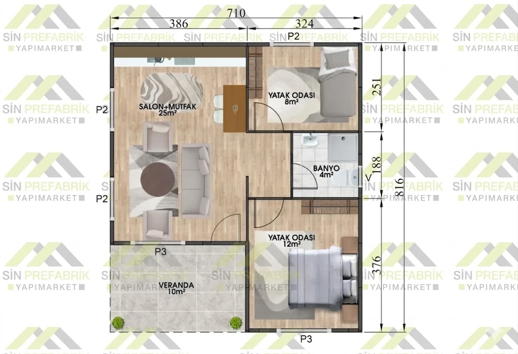 2+1 Tek Katlı Prefabrik Ev 49 m2